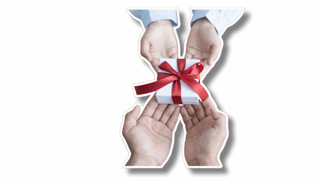 Remise d’un cadeau symbolique entre deux personnes, représentant la générosité et la reconnaissance.